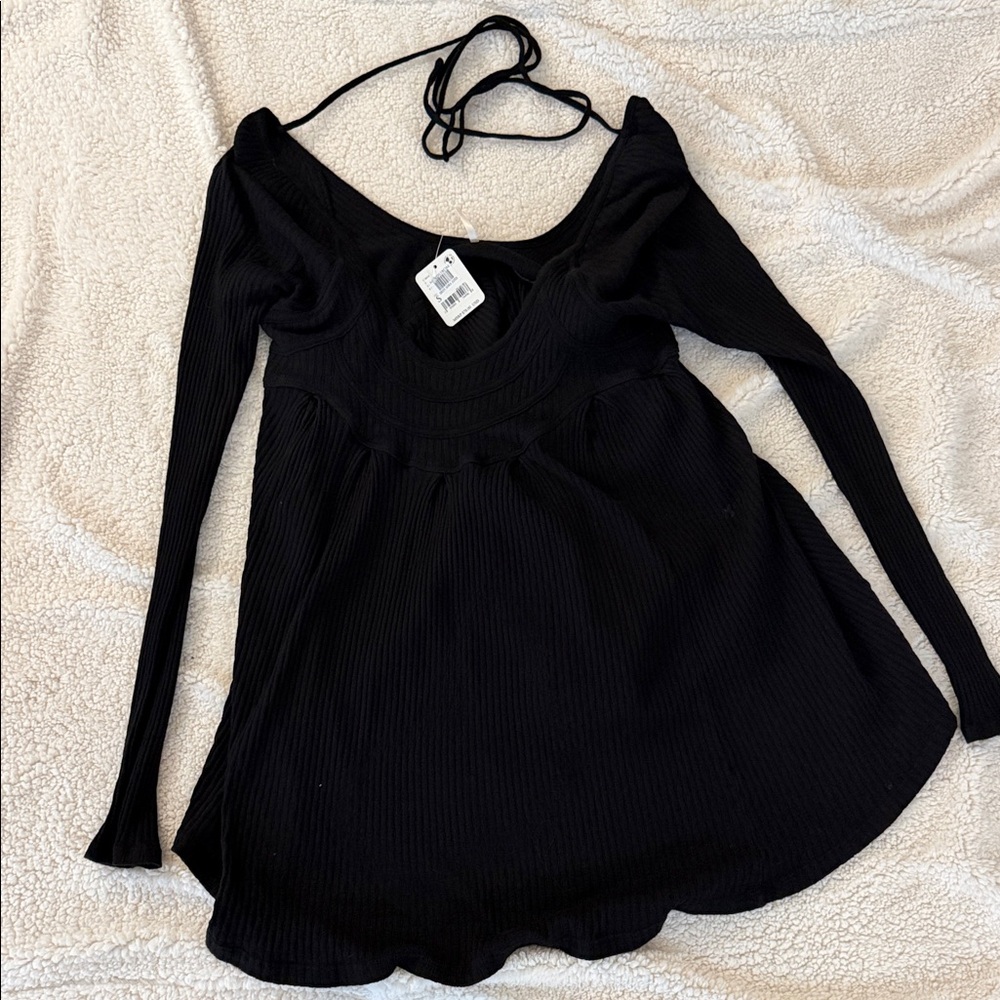 Free People Black Long-Sleeve Ribbed Scoop Neck Top Size S NWT